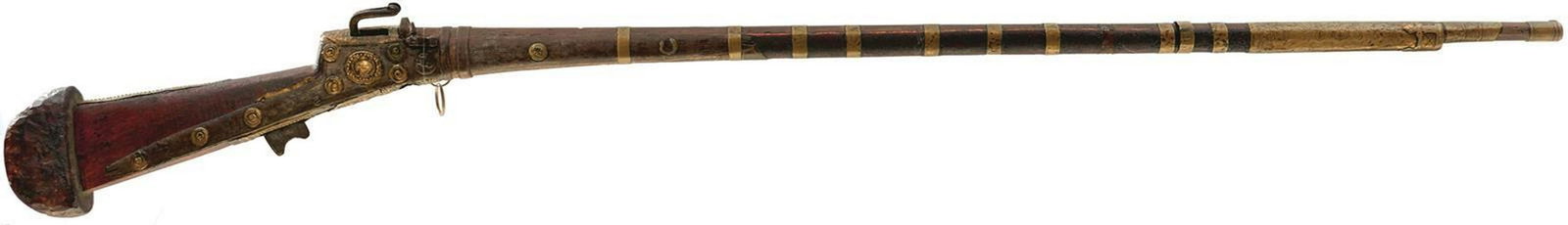 A 19TH CENTURY ARABIAN MATCHLOCK LONGGUN, 42inch: A 19TH CENTURY ARABIAN MATCHLOCK LONGGUN, 42inch sighted octagonal barrel secured with multiple barrel bands, full wooden stock with characteristic brass and white metal adornments.
