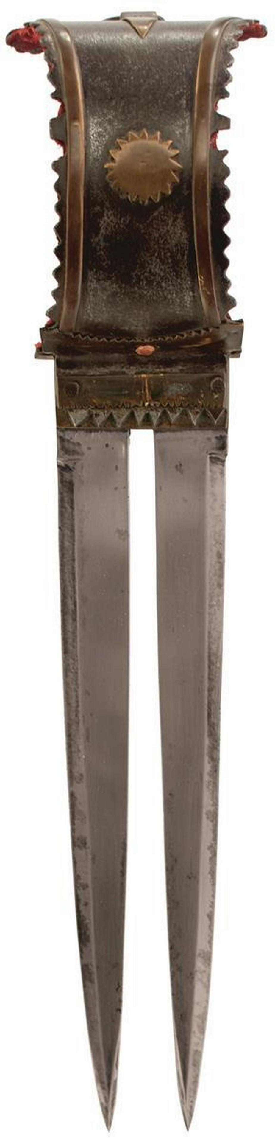 A 19TH CENTURY DOUBLE BLADED INDIAN DAGGER, the sheet (1 of 11)