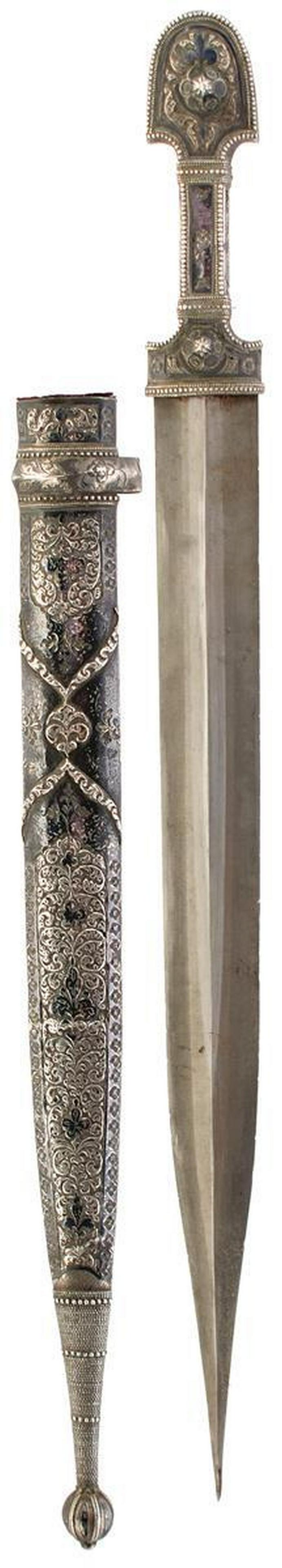 A 19TH CENTURY SILVER NIELLO CAUCASIAN KINDJAL, 35cm (1 of 12)