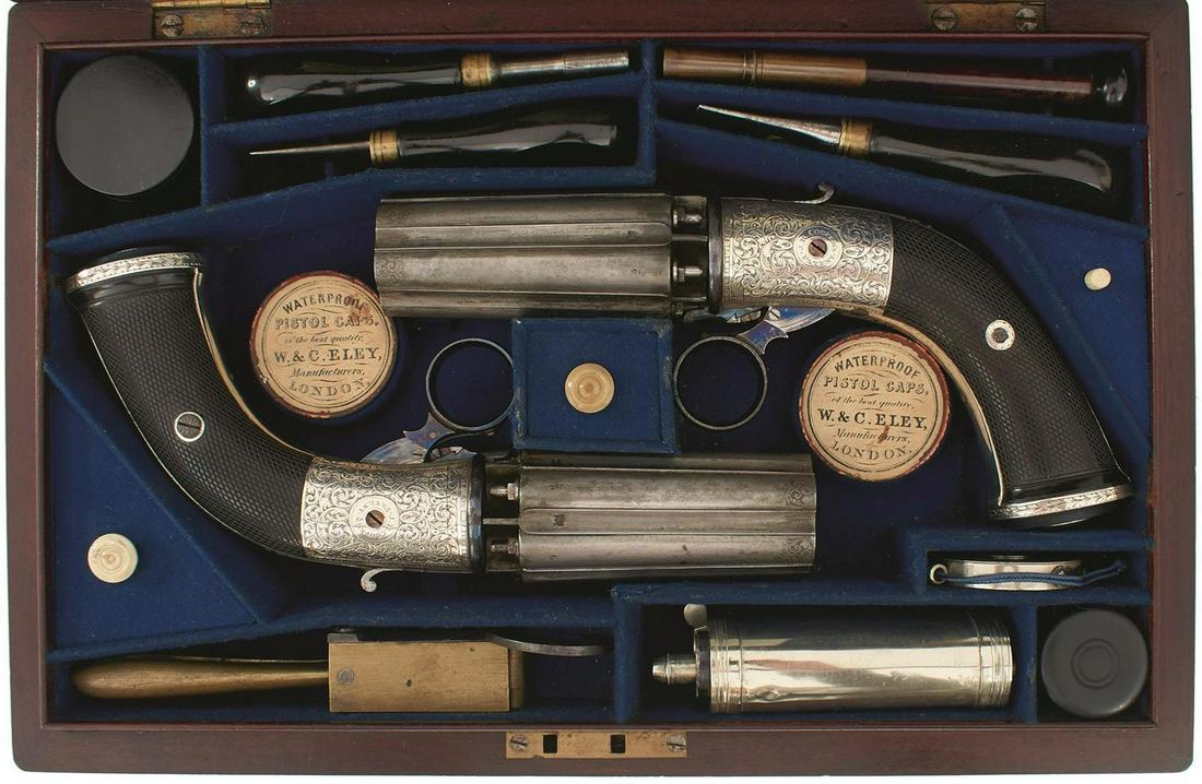 A FINE AND RARE CASED PAIR OF PRESENTATION QUALITY: A FINE AND RARE CASED PAIR OF PRESENTATION QUALITY SILVER PLATED MOUNTED 80-BORE COOPER'S PATENT HAMMERLESS PEPPERBOX REVOLVERS BY WILLIAMS & POWELL OF LIVERPOOL, 3.5inch six barrel fluted cylinders e