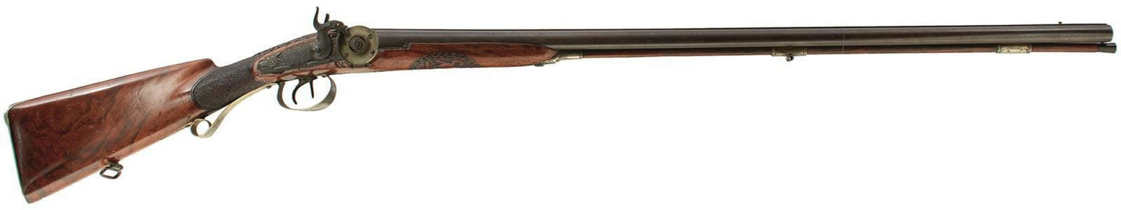 A SCARCE BAVARIAN 20-BORE DOUBLE BARRELLED DETONATING: A SCARCE BAVARIAN 20-BORE DOUBLE BARRELLED DETONATING MECHANISM PERCUSSION SPORTING GUN, 31.75inch sighted damascus barrels, border and scroll engraved breech and tang set with a yellow metal maker's 