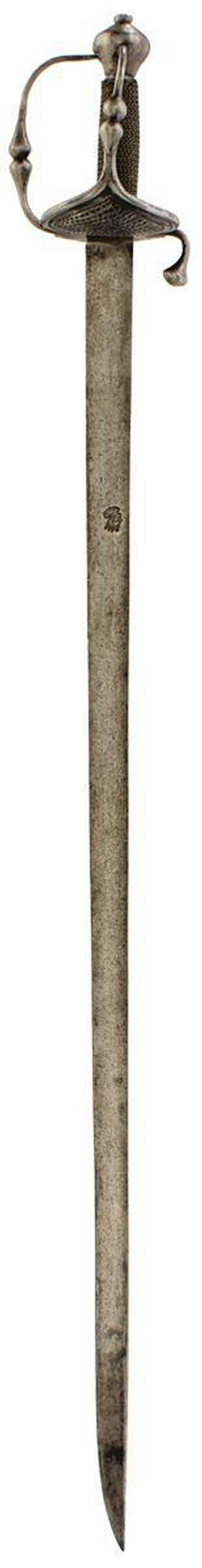 AN EARLY 17TH CENTURY WALLOON BY JOHANNES WUNDES, 83cm: AN EARLY 17TH CENTURY WALLOON BY JOHANNES WUNDES, 83cm hatchet tipped backsword blade heavily struck with the distinctive maker's mark of Wundes to either side, characteristic hilt composed smaller lo