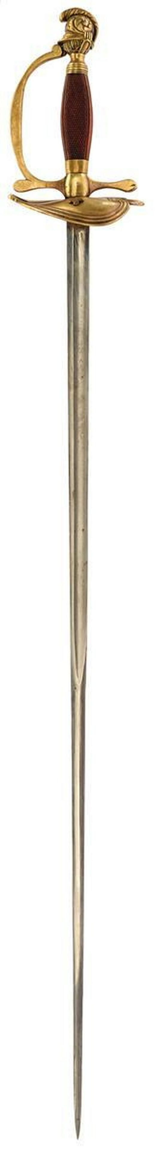 A SWISS MODEL 1800/1817 INFANTRY OFFICER'S SWORD, 83cm: A SWISS MODEL 1800/1817 INFANTRY OFFICER'S SWORD, 83cm blade decorated with foliage and stands of arms, regulation brass hilt with down turned guard set with a Swiss cross, D-shaped knuckle guard, cas