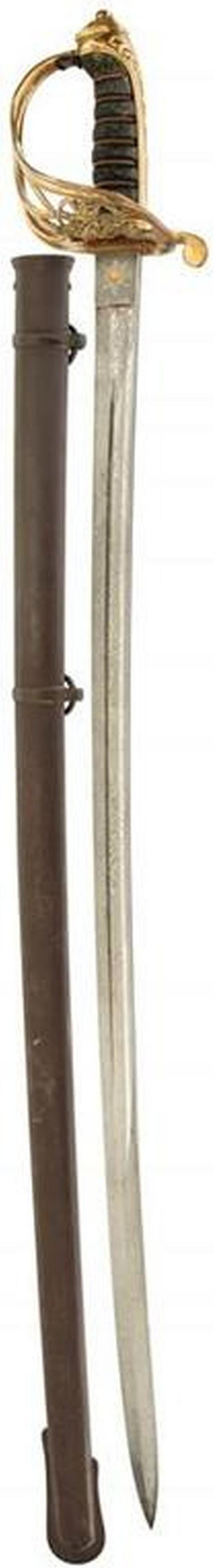 AN 1822 PATTERN INDIAN ARMY OFFICER'S SWORD, 82cm blade: AN 1822 PATTERN INDIAN ARMY OFFICER'S SWORD, 82cm blade by Mole, etched with scrolling foliage and crowned VRI cyphers, the back edge stamped MOLE and with an arrow over I, regulation brass Gothic hil