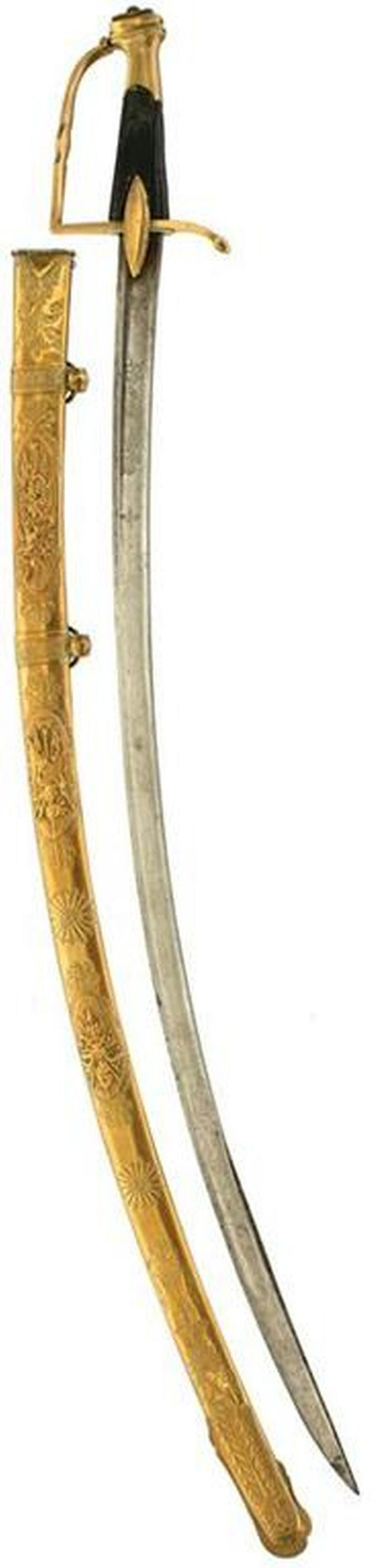 A 19TH CENTURY FRENCH OFFICER'S SWORD, 80.5cm curved: A 19TH CENTURY FRENCH OFFICER'S SWORD, 80.5cm curved blade, double edged towards the tip, etched with stands of arms and foliage, characteristic brass hilt with D-shaped knuckle guard and stepped pomm
