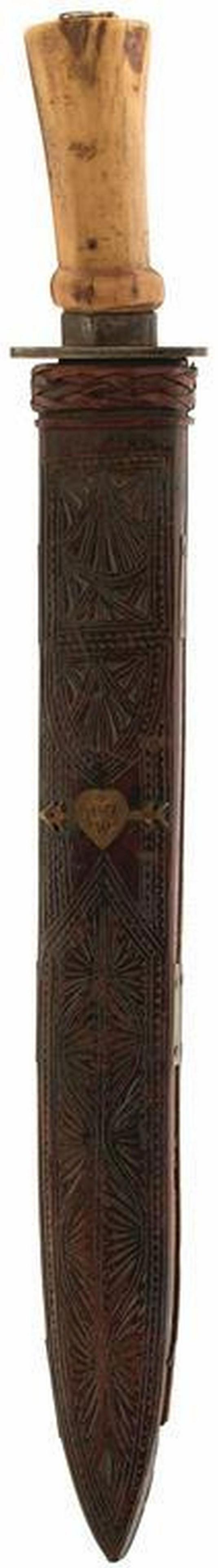 A LARGE FRENCH HUNTING KNIFE, 38cm blade stamped with: A LARGE FRENCH HUNTING KNIFE, 38cm blade stamped with the owner's initials RW at the forte, shaped stag's horn grip, the pommel applied with a pre-revolution Royal crest for Reims, contained in its ca