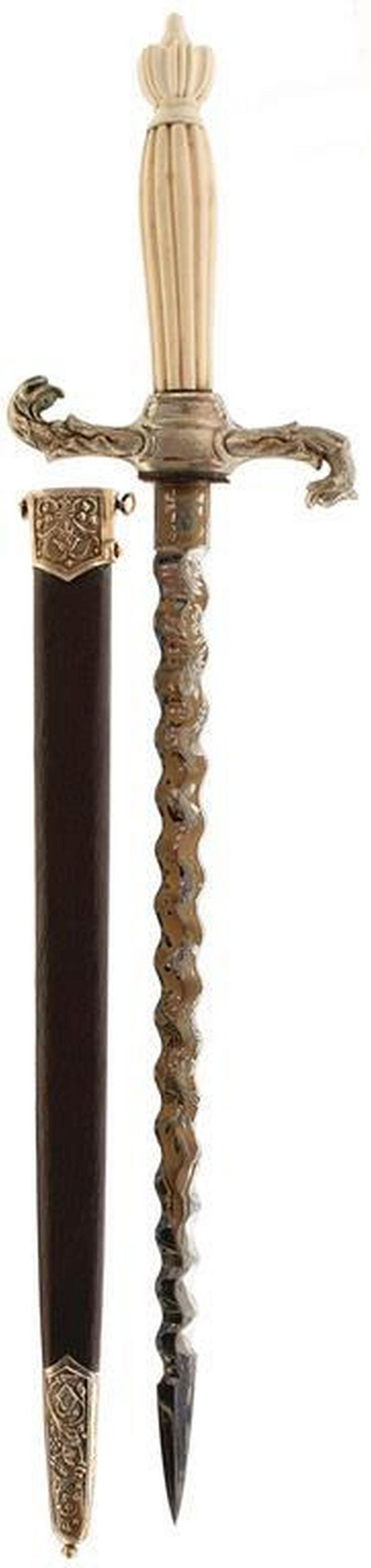 A LATE 19TH OR EARLY 20TH CENTURY LARGE ITALIAN MEMENTO: A LATE 19TH OR EARLY 20TH CENTURY LARGE ITALIAN MEMENTO MORI DAGGER, 34cm clean wavy blade etched with celestial and Masonic imagery on a gilt ground, plated hilt with reeded bone grip, contained in i