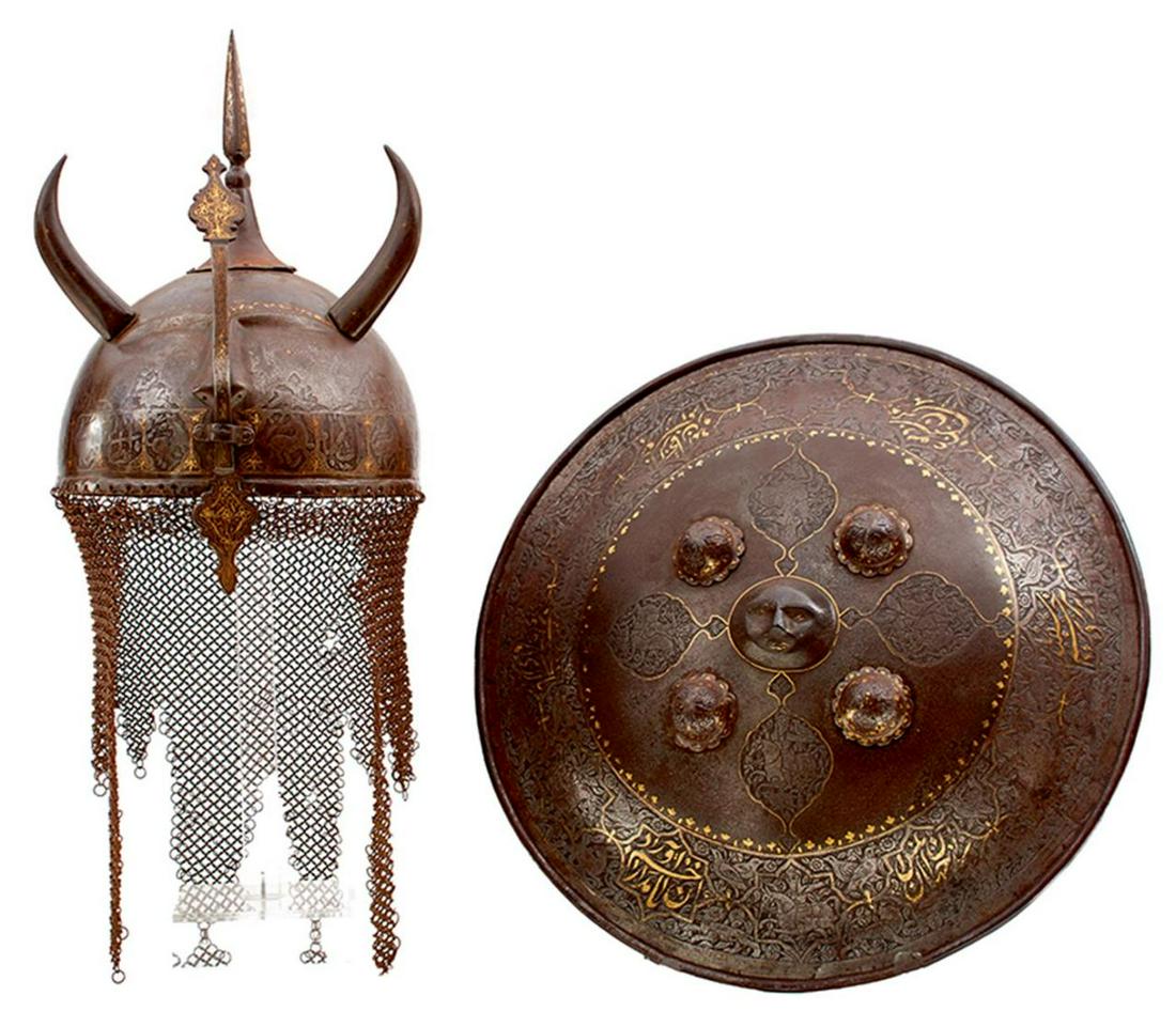 A 19TH CENTURY INDO-PERSIAN KULAH KHUD (HELMET) AND (1 of 19)