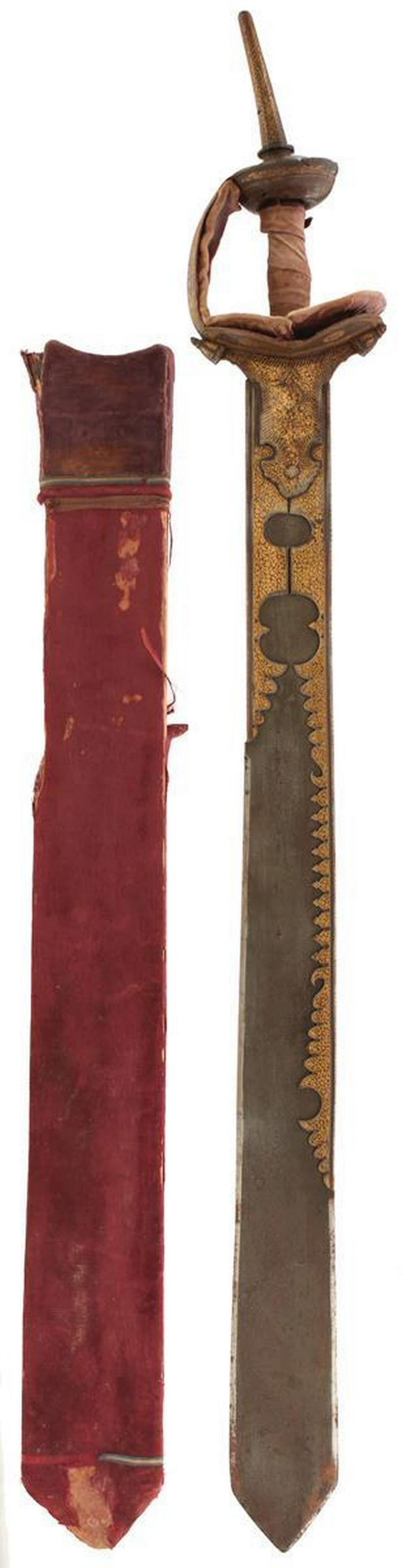 A LATE 19TH CENTURY INDIAN KHANDA OR SWORD, 72cm blade: A LATE 19TH CENTURY INDIAN KHANDA OR SWORD, 72cm blade broadening towards the tip and reinforced along the back and at the forte, highlighted in gold koftgari with scrolling foliage and flowerheads, c