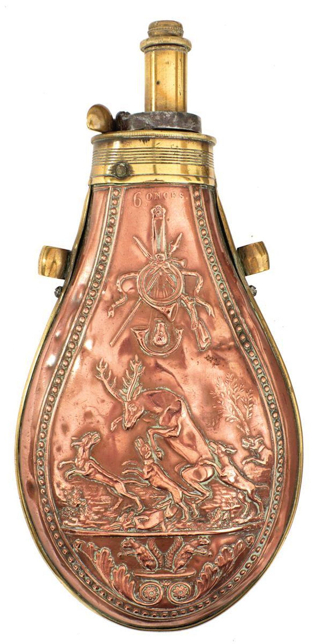TWO EMBOSSED CONTINENTAL COPPER POWDER FLASKS, the: TWO EMBOSSED CONTINENTAL COPPER POWDER FLASKS, the first decorated with opposing griffin amidst foliate sprays, the second with stag hunting scenes, brass mounts with sprung nozzles. (2)