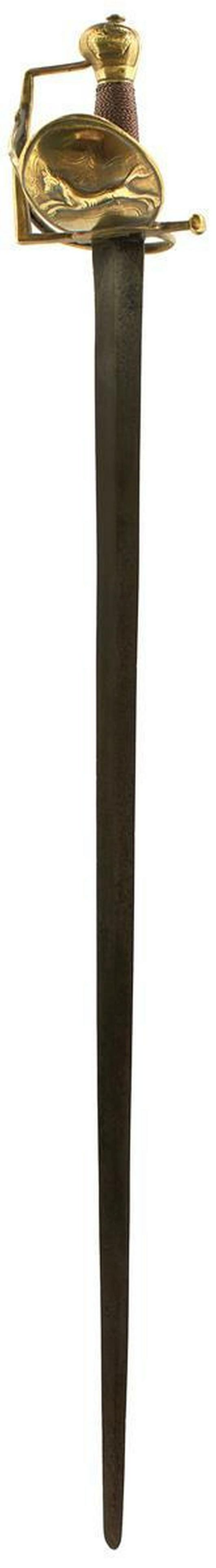 A SCARCE YEOMAN OR TOWER WARDER'S SWORD, 74cm flattened: A SCARCE YEOMAN OR TOWER WARDER'S SWORD, 74cm flattened diamond section blade, regulation brass hilt with large upturned guard decorated with a horse, D-shaped knuckle guard, lozenge form pommel decor