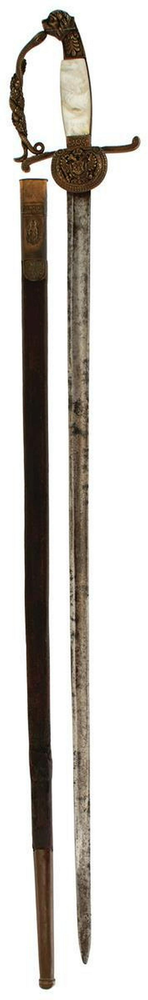 AN AUSTRO-HUNGARIAN GOVERNMENT OFFICIAL'S SWORD, 75cm: AN AUSTRO-HUNGARIAN GOVERNMENT OFFICIAL'S SWORD, 75cm blade with traces of etched decoration, regulation ornate brass hilt, the guard with the arms of Austro-Hungary, snake form knuckle guard, lion's