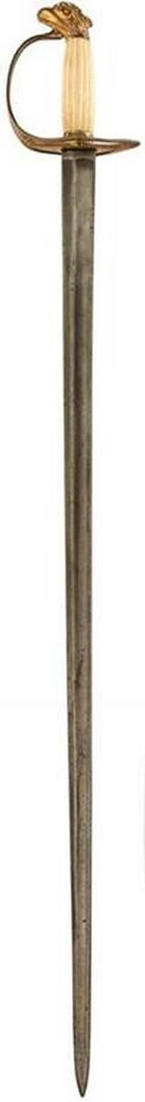 N EARLY 19TH CENTURY AMERICAN INFANTRY OFFICER'S SWORD,: N EARLY 19TH CENTURY AMERICAN INFANTRY OFFICER'S SWORD, 83cm fullered blade, characteristic slotted copper gilt hilt, bold copper gilt eagle's head pommel, reeded bone grip. Circa 1812, possibly a sou