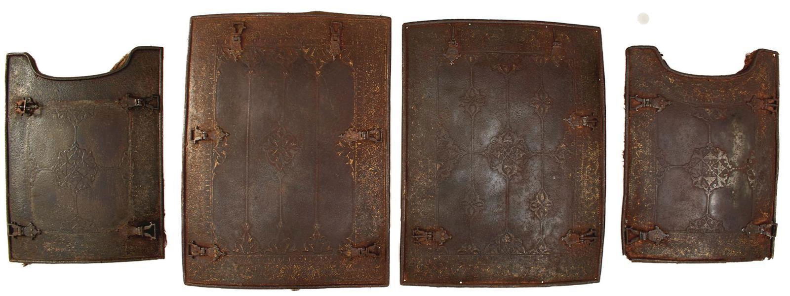 A LATE 18TH OR EARLY 19TH CENTURY INDO-PERSIAN CHAR AINA OR CHEST ARMOUR: A LATE 18TH OR EARLY 19TH CENTURY INDO-PERSIAN CHAR AINA OR CHEST ARMOUR, comprising two large rectangular form convex associated chest panels, both chiselled with stems of foliage within gold damasce