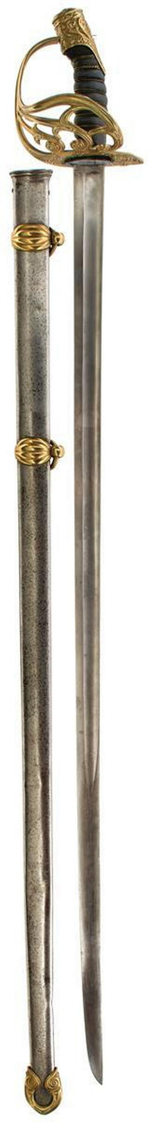 AN 1832 PATTERN ROYAL HORSE GUARDS OFFICER'S SWORD: AN 1832 PATTERN ROYAL HORSE GUARDS OFFICER'S SWORD, 98.5cm fullered blade with maker's panel for Hawkes & Co., regulation brass hilt with D-shaped knuckle guard supported by three scrolling side bars,