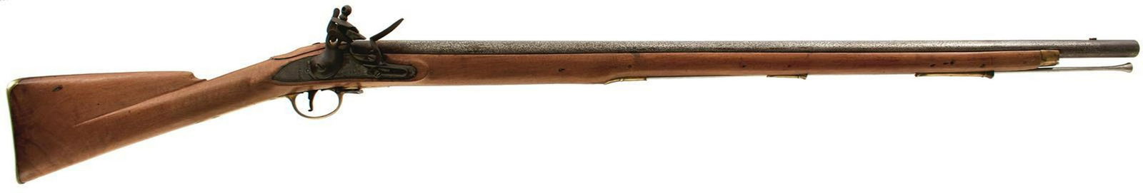 A .750 CALIBRE FLINTLOCK 39INCH VOUNTEER BROWN BESS: A .750 CALIBRE FLINTLOCK 39INCH VOUNTEER BROWN BESS, 39inch barrel, border engraved lock stamped LACEY & CO. and LONDON across the tail, full stocked with regulation brass mounts, steel ramrod.