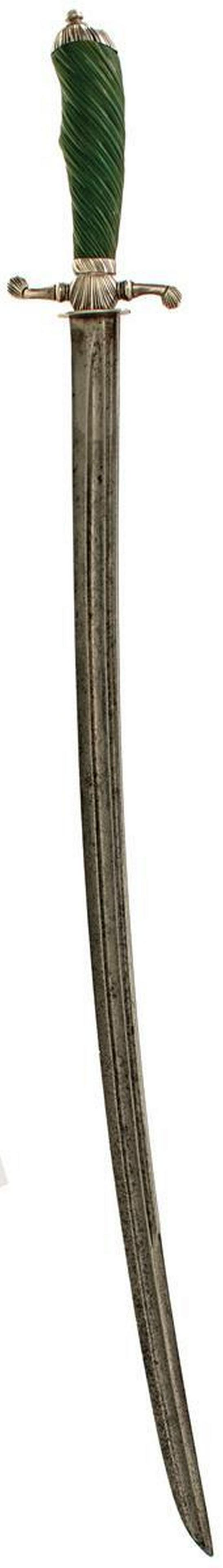 AN 18TH CENTURY ENGLISH SILVER HILTED HUNTING HANGER: AN 18TH CENTURY ENGLISH SILVER HILTED HUNTING HANGER, 62.5cm double fullered blade, double edged towards the tip, characteristic silver hilt hallmarked London 1769 and with maker's stamp WK, recurved 