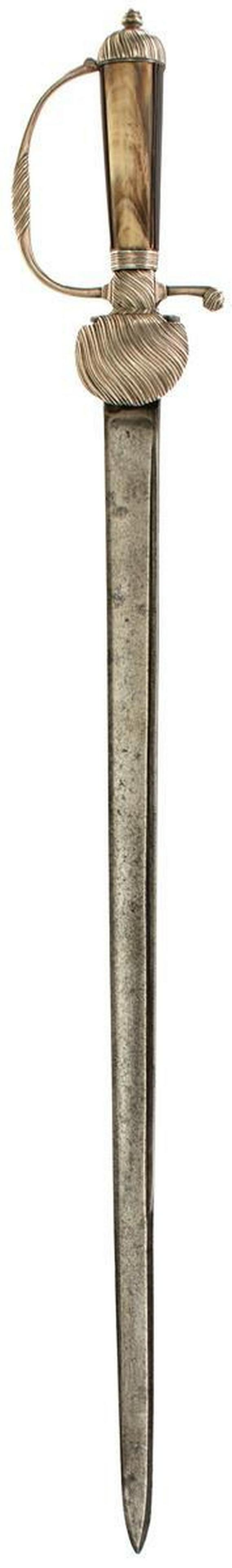 AN 18TH CENTURY ENGLISH SILVER HILTED HUNTING HANGER: AN 18TH CENTURY ENGLISH SILVER HILTED HUNTING HANGER, 56.5cm fullered blade, double edged towards the tip, characteristic silver hilt hallmarked London 1748 and with maker's stamp P R, down turned she
