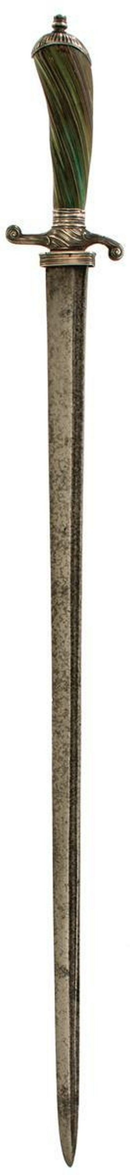 AN 18TH CENTURY ENGLISH SILVER HILTED HUNTING HANGER: AN 18TH CENTURY ENGLISH SILVER HILTED HUNTING HANGER, 56cm fullered blade, double edged towards the tip, characteristic silver hilt with partial London hallmark, recurved quillons with wavy ribbed dec