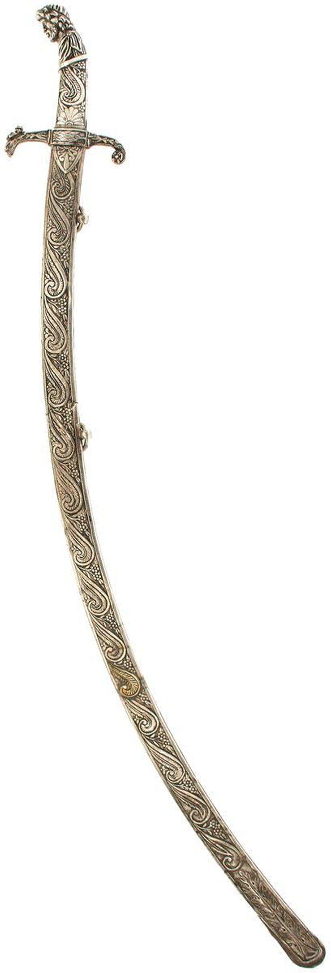 A 19TH CENTURY HUNGARIAN WHITE METAL MOUNTED SABRE: A 19TH CENTURY HUNGARIAN WHITE METAL MOUNTED SABRE, 77.5cm curved blade, characteristic hilt decorated laurel wreaths and classical imagery, the pommel in the form of a bust, possibly The Emperor Nero