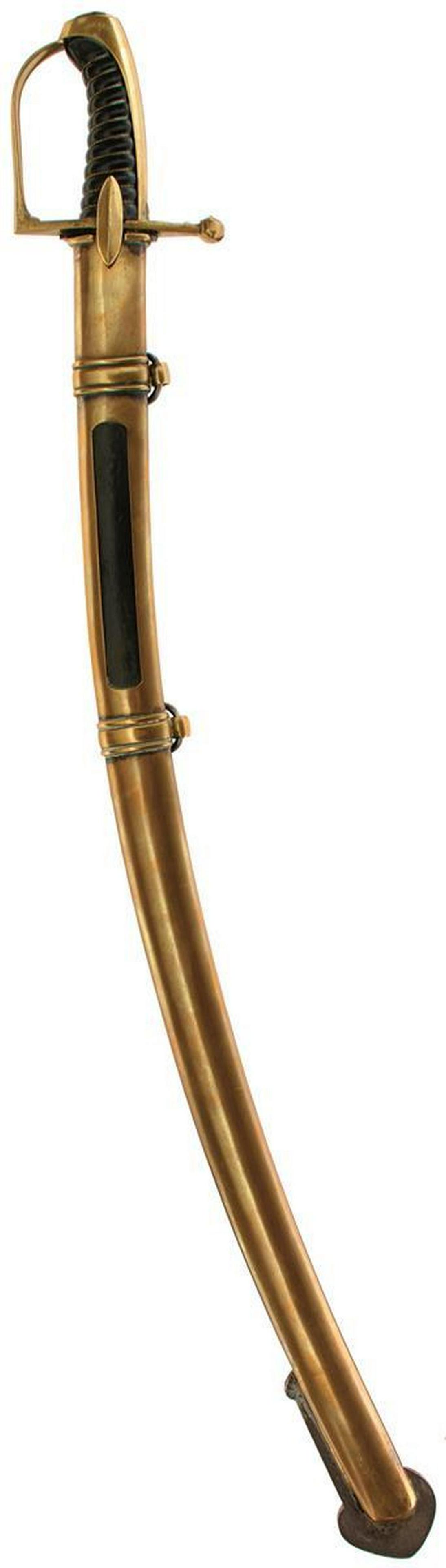 A REPRODUCTION FRENCH CAVALRY TROOPER'S SABRE: A REPRODUCTION FRENCH CAVALRY TROOPER'S SABRE, 85.5cm curved bade, regulation brass hilt with wire bound leather grip, contained in its panelled scabbard, together with a shortened worn period example