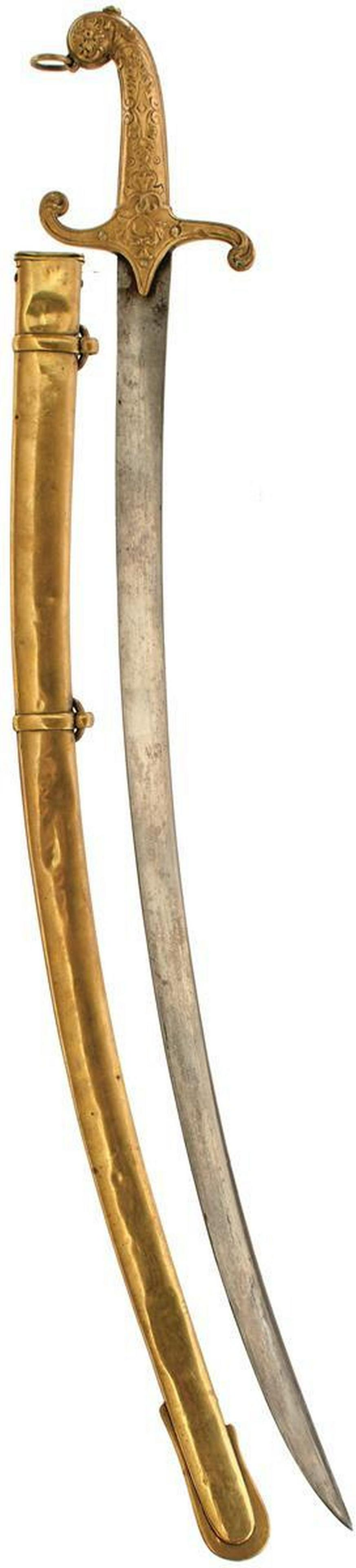 AN EARLY 19TH CENTURY BANDSMAN'S SWORD: AN EARLY 19TH CENTURY BANDSMAN'S SWORD, 71cm curved blade by Webb, characteristic cast brass hilt decorated with acanthus scrolls, contained in its brass mounted scabbard.