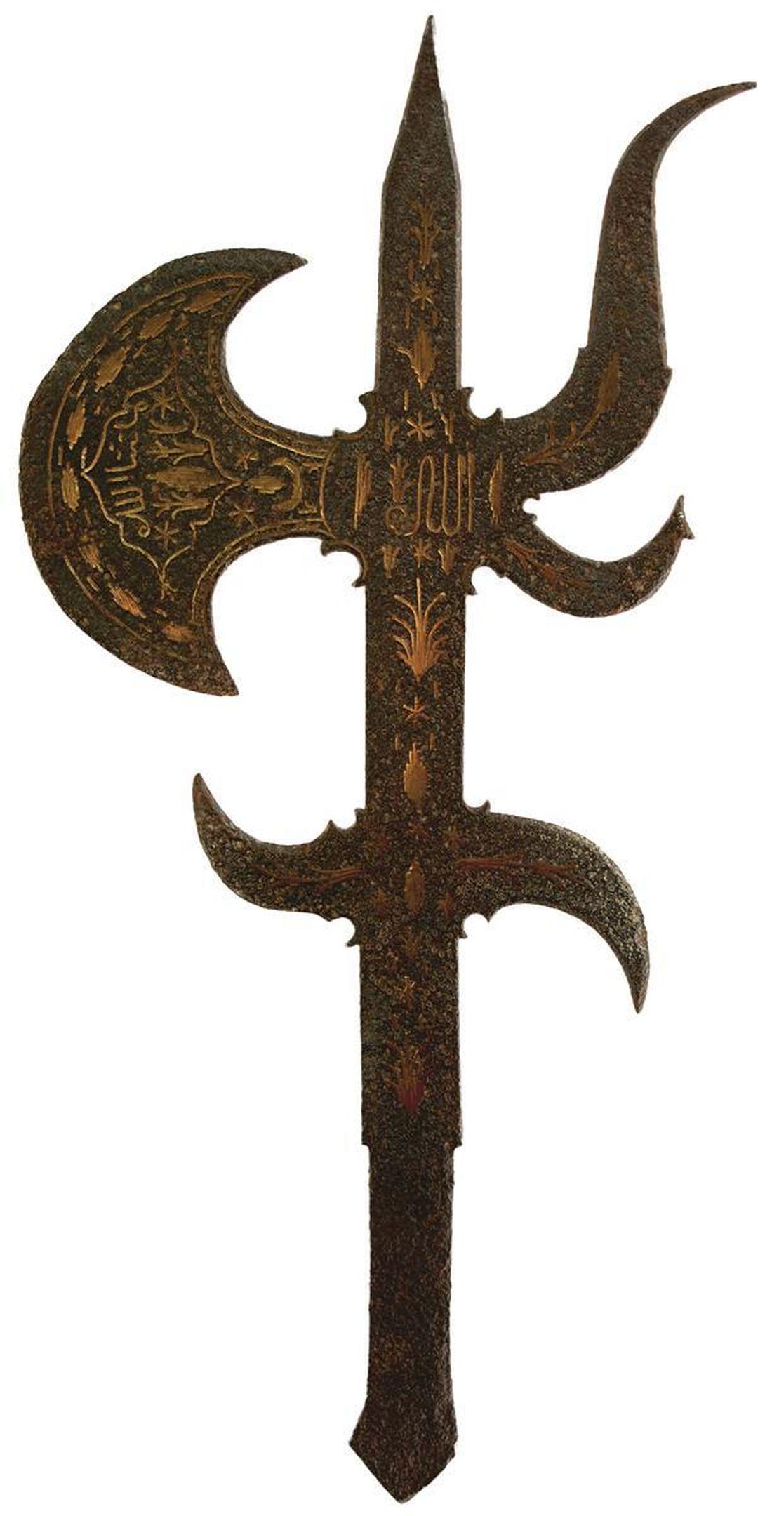 A 19TH CENTURY SUDANESE BATTLE SCEPTRE OR AXE: A 19TH CENTURY SUDANESE BATTLE SCEPTRE OR AXE, iron with brass inlays depicting pseudo Arabic inscriptions, foliate designs and celestial imagery, 51.5cm long. For a similar piece see the Fowler Museu