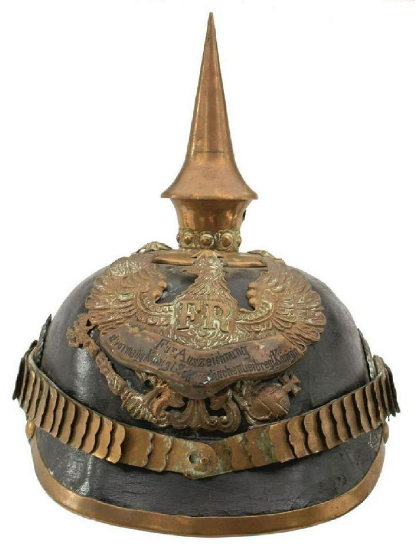 A COMPOSITE IMPERIAL GERMAN PRUSSIAN SWEDISH LIFEGUARDS OFFICER'S PICKELHAUBE, the black leather: A COMPOSITE IMPERIAL GERMAN PRUSSIAN SWEDISH LIFEGUARDS OFFICER'S PICKELHAUBE, the black leather skull with brass fittings to include spike finial with circular star riveted base, crowned Prussian hel