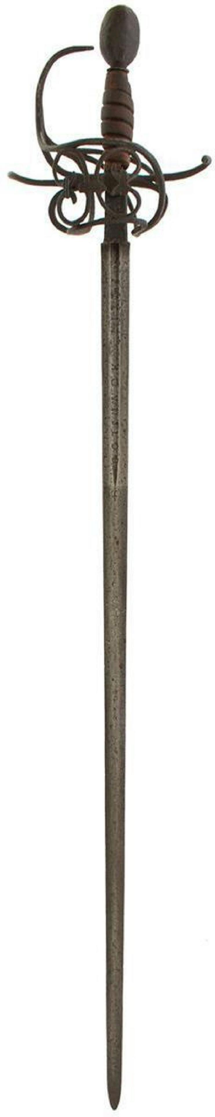 A SCARCE EARLY 17TH CENTURY ENGLISH HOUNSLOW SWEPT HILT RAPIER, 86cm blade incised FECIT HOUNSLO to: A SCARCE EARLY 17TH CENTURY ENGLISH HOUNSLOW SWEPT HILT RAPIER, 86cm blade incised FECIT HOUNSLO to either side in the short fullers, characteristic swept hilt composed of rounded bars, recurving quil