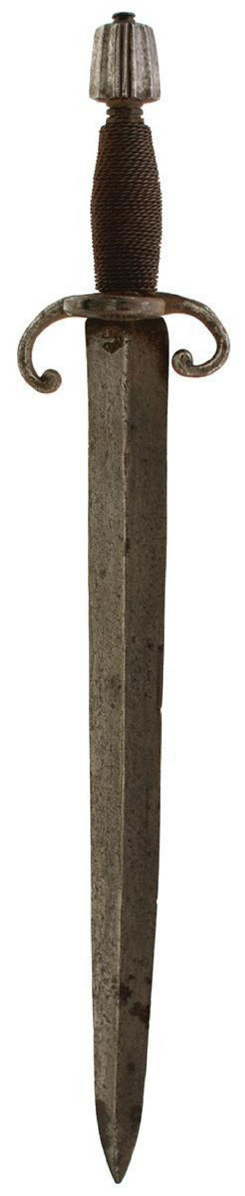 AN INTERESTING 17TH CENTURY ITALIAN OR SPANISH LEFT HAND DAGGER, 37cm flattened diamond section: AN INTERESTING 17TH CENTURY ITALIAN OR SPANISH LEFT HAND DAGGER, 37cm flattened diamond section hollow ground blade, deeply struck at the forte with maker's mark G.F. within a shield beneath a crown a