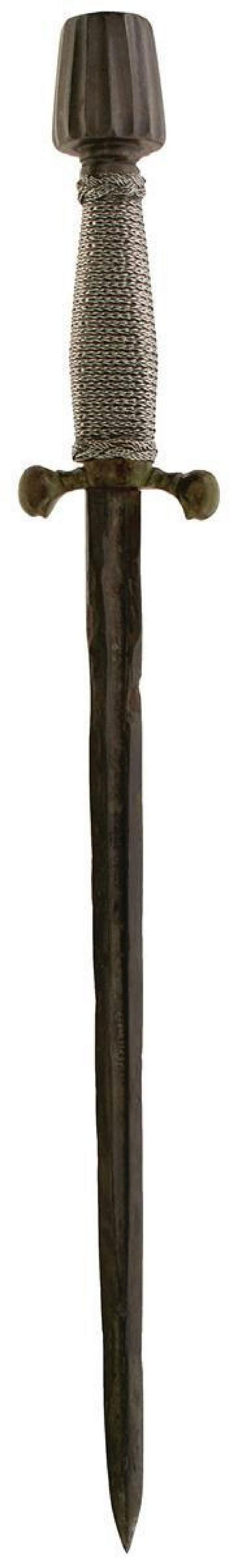 A COMPOSITE LEFT HAND DAGGER, 33cm fullered cut down rapier blade incised MARIA in the fuller,: A COMPOSITE LEFT HAND DAGGER, 33cm fullered cut down rapier blade incised MARIA in the fuller, bronze ballock dagger crossguard, possibly Flemish, tapering fluted cylindrical rapier pommel, wire bound