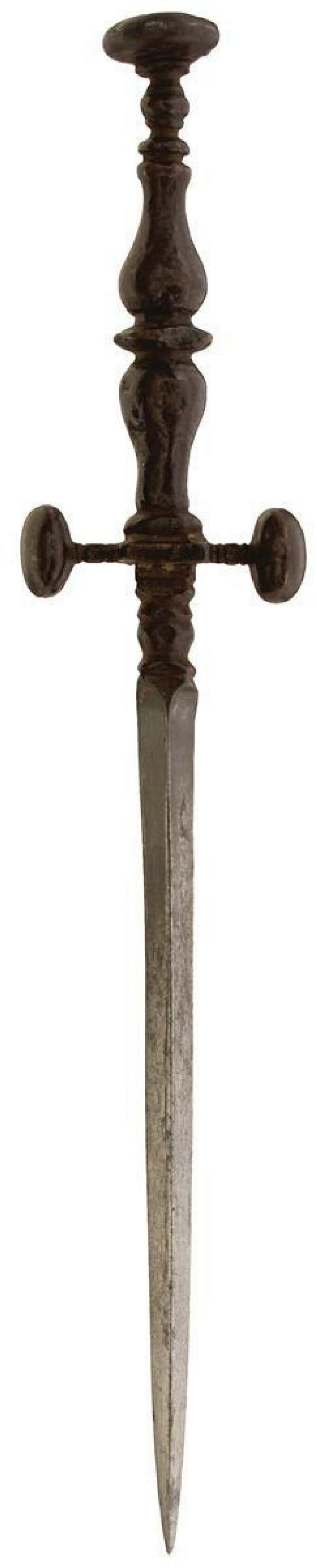 A 17TH CENTURY ITALIAN GUNNER'S STILETTO, 15cm triangular section blade graduated from 10 through to: A 17TH CENTURY ITALIAN GUNNER'S STILETTO, 15cm triangular section blade graduated from 10 through to 120, turned and stepped forte, characteristic hilt with ring turned crossguard and large bun-shaped