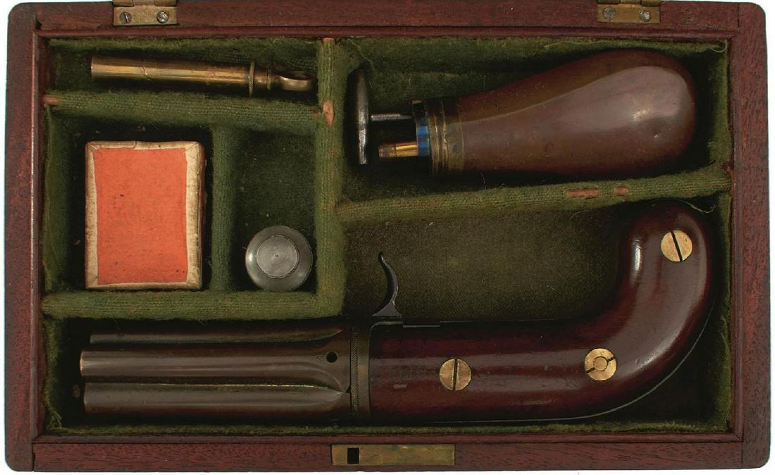 A RARE CASED 140-BORE PERCUSSION FIVE-SHOT MODEL 2A BUDDING REVOLVER, 3.25inch hand-rotated brass: A RARE CASED 140-BORE PERCUSSION FIVE-SHOT MODEL 2A BUDDING REVOLVER, 3.25inch hand-rotated brass barrel group number from 1 through to 5, the brass frame engraved BUDDING MAKER within a foliate frame