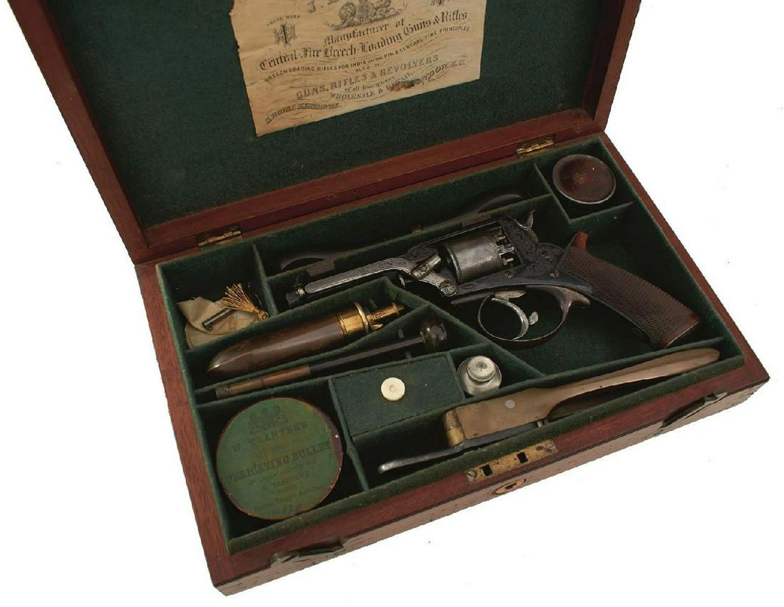 A GOOD CASED 120-BORE FIVE-SHOT PERCUSSION FOURTH MODEL TRANTER REVOLVER, 3.75inch sighted octagonal: A GOOD CASED 120-BORE FIVE-SHOT PERCUSSION FOURTH MODEL TRANTER REVOLVER, 3.75inch sighted octagonal blued barrel, border and scroll engraved blued frame, serial no. 16011T, border and scroll engraved