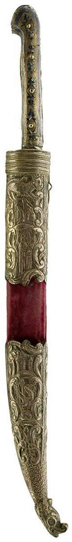 AN EARLY 19TH CENTURY SILVER MOUNTED TURKISH OR OTTOMAN BICHAQ OR DAGGER, 20cm single edged blade: AN EARLY 19TH CENTURY SILVER MOUNTED TURKISH OR OTTOMAN BICHAQ OR DAGGER, 20cm single edged blade signed and dated AH1248 (=1832CE) and struck with a maker's stamp engraved with flowers, nielloed and