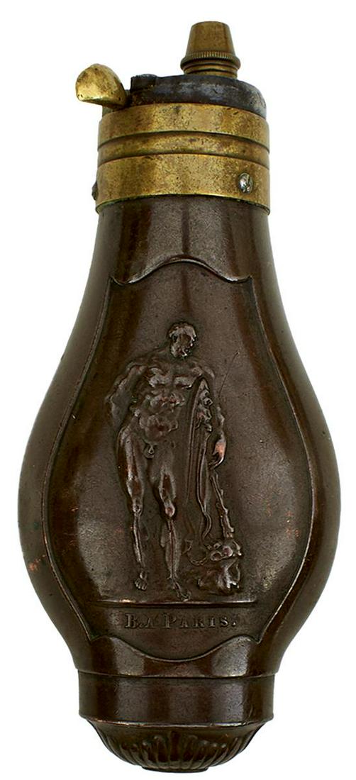 A FRENCH EMBOSSED COPPER POWDER FLASK, decorated with classical figures to either side and marked B.: A FRENCH EMBOSSED COPPER POWDER FLASK, decorated with classical figures to either side and marked B. A PARIS, sprung brass top. Retaining good amounts of original finish. Small dent to top.
