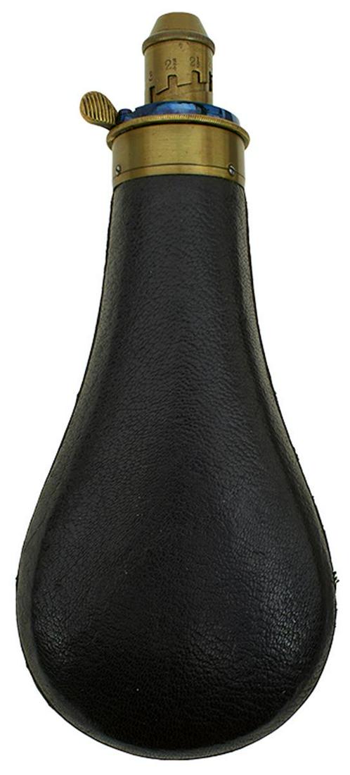 A BARTRAM POWDER FLASK, the leather covered body with brass top with maker's details, adjustable: A BARTRAM POWDER FLASK, the leather covered body with brass top with maker's details, adjustable nozzle, replacement blued spring.