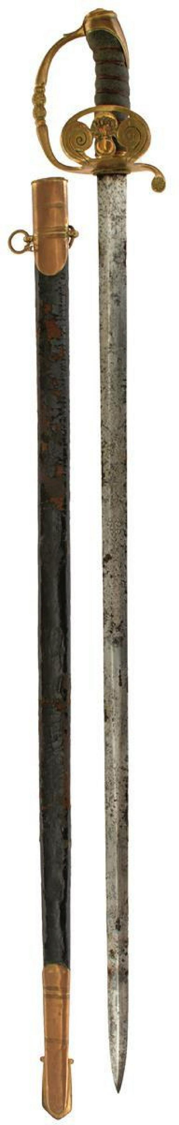 AN HONOURABLE ARTILLERY COMPANY OFFICER'S SWORD, 78.5cm flattened diamond section blade by Moore &: AN HONOURABLE ARTILLERY COMPANY OFFICER'S SWORD, 78.5cm flattened diamond section blade by Moore & Co., 14 St James' St, London, etched with scrolling foliage, H.A.C. and owner's crest and initials J.