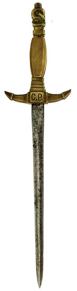 A 19TH CENTURY CONTINENTAL NAVAL DIRK, 21cm flattened diamond section blade, regulation brass hilt: A 19TH CENTURY CONTINENTAL NAVAL DIRK, 21cm flattened diamond section blade, regulation brass hilt in the form of an anchor, cast with the initials C.P., two-piece bakelite grips.