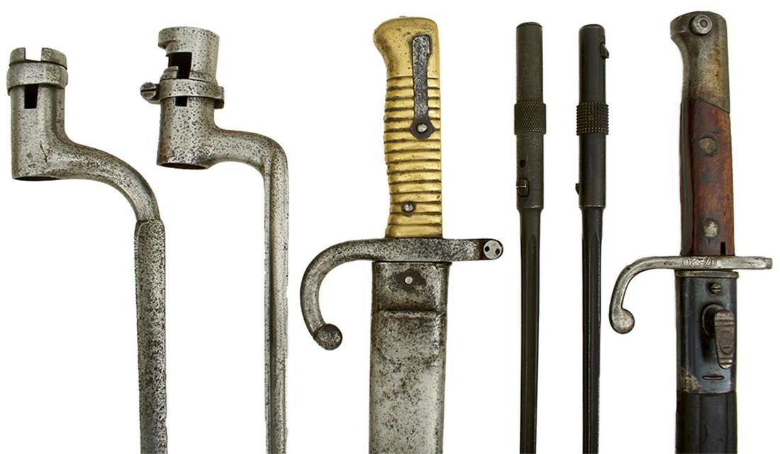 A SWEDISH TRIANGULAR SECTION SOCKET BAYONET, together with a French socket bayonet, a Chassepot: A SWEDISH TRIANGULAR SECTION SOCKET BAYONET, together with a French socket bayonet, a Chassepot bayonet with scabbard, two MAS 36 rod bayonets and a Brazilian 1908 Mauser bayonet with scabbard. (6)