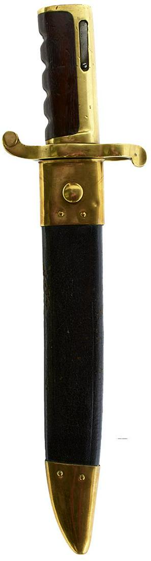 A US 1861 PATTERN DAHLGREN BAYONET, 30.5cm clipped back blade stamped 1861 to one side and AMES MFG: A US 1861 PATTERN DAHLGREN BAYONET, 30.5cm clipped back blade stamped 1861 to one side and AMES MFG CO CHICOPEE MASS to the other side, brass hilt with pinned wooden grip, contained in its brass mount