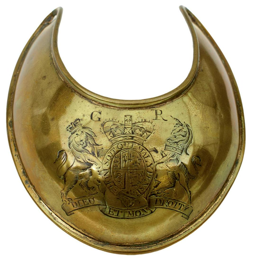 TWO SPURIOUS GORGETS, one in white metal, the other in brass. (2): TWO SPURIOUS GORGETS, one in white metal, the other in brass. (2)