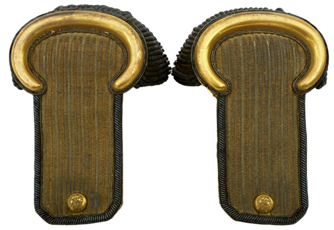 ROYAL TRINIDAD BATTALION OFFICER'S EPAULETTES. A very rare pair of gold lace box epaulettes by: ROYAL TRINIDAD BATTALION OFFICER'S EPAULETTES. A very rare pair of gold lace box epaulettes by 'Moore & Co. 39 St. James's St., London', gilt metal crescents with original gilt finial buttons (16mm), 