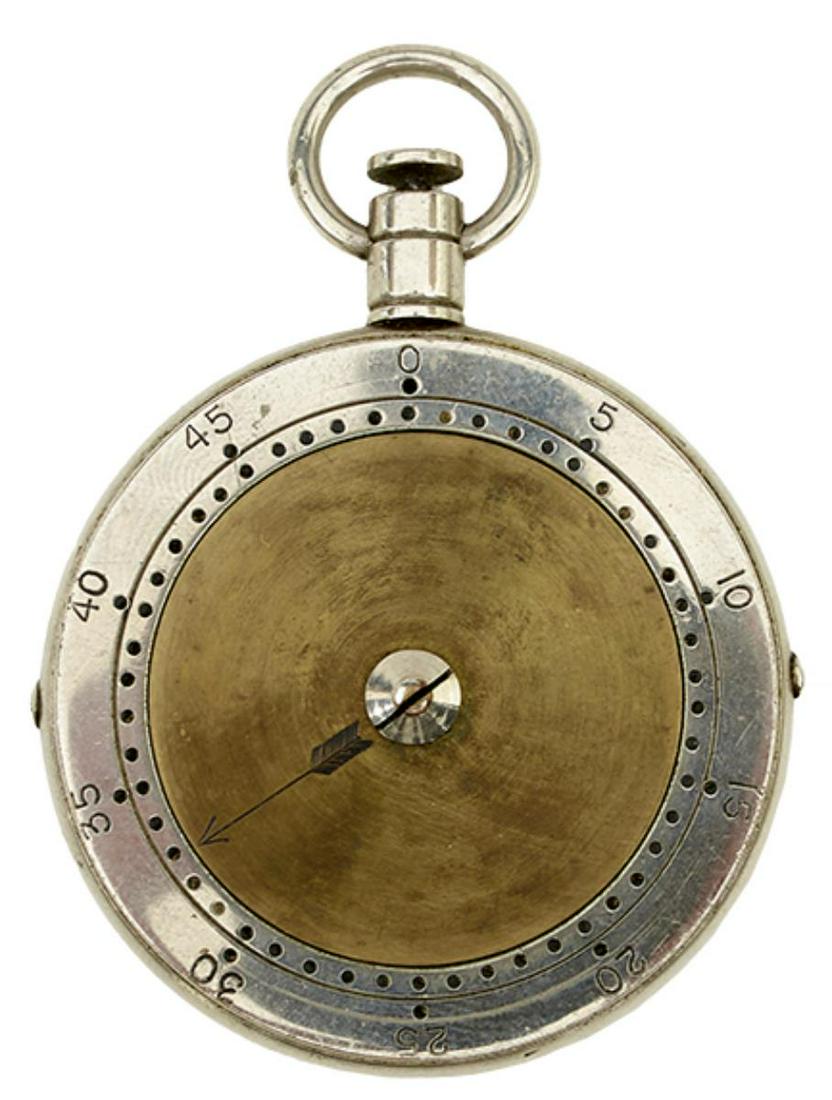 A WHITE METAL DIAL GAME COUNTER, by Charles Maleham, the rotating brass dial with arrow indicator,: A WHITE METAL DIAL GAME COUNTER, by Charles Maleham, the rotating brass dial with arrow indicator, the white metal numbered for up to a tally of 50.