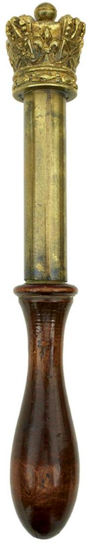 A VICTORIAN TIPSTAFF, cylindrical brass body with cast gilt brass crown, turned wooden handle,: A VICTORIAN TIPSTAFF, cylindrical brass body with cast gilt brass crown, turned wooden handle, 23.5cm. Provenance: Ian Wilkinson Collection.
