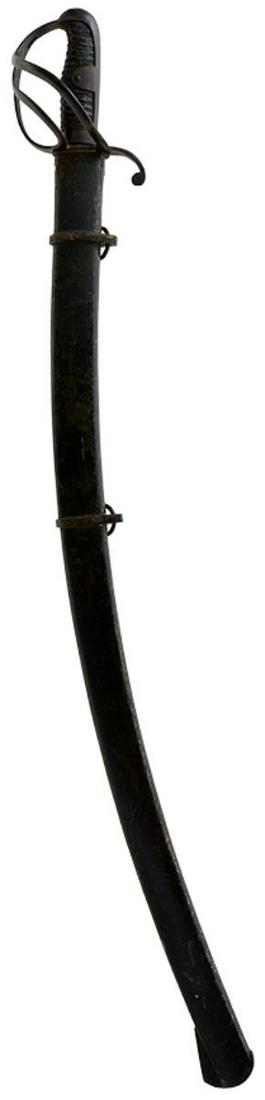 A BAVARIAN OR SAXON LIGHT CAVALRY TROOPER'S SABRE, 81cm curved fullered blade, regulation steel: A BAVARIAN OR SAXON LIGHT CAVALRY TROOPER'S SABRE, 81cm curved fullered blade, regulation steel three-bar hilt, ribbed leather grip, contained in its steel scabbard. Throat loose.