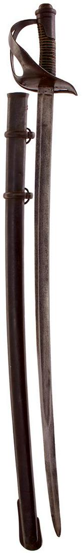 A DANISH HEAVY CAVALRY TROOPER'S SWORD, 88.75 curved fullered blade stamped EV at the forte,: A DANISH HEAVY CAVALRY TROOPER'S SWORD, 88.75 curved fullered blade stamped EV at the forte, regulation pierced half bowl guard, wire bound leather grip, contained in its steel scabbard.
