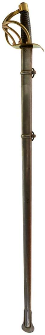 A REPRODUCTION FRENCH CUIRASSIER'S SWORD, contained in its steel scabbard, together with a: A REPRODUCTION FRENCH CUIRASSIER'S SWORD, contained in its steel scabbard, together with a reproduction light cavalry sabre with scabbard and two worn Victorian swords lacking scabbards. (4)