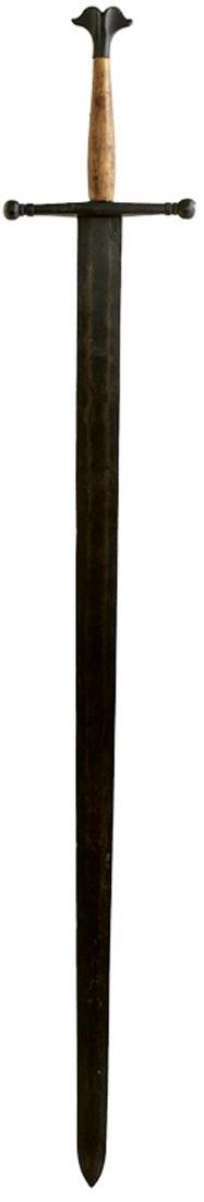 TWO VARIOUS REPRODUCTION KNIGHTLY SWORDS, one with scabbard, together with a reproduction iron mace.: TWO VARIOUS REPRODUCTION KNIGHTLY SWORDS, one with scabbard, together with a reproduction iron mace. (3)