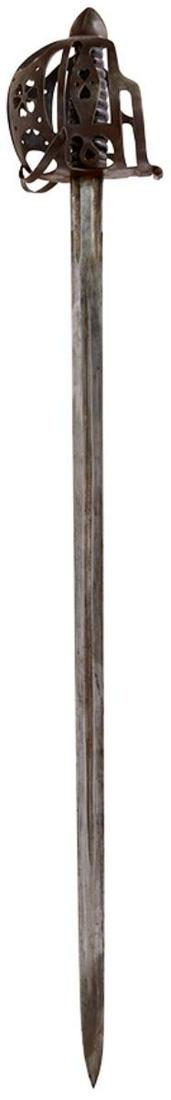 A 19TH CENTURY SCOTTISH BASKET HILTED BROADSWORD, 82cm fullered blade, characteristic steel hilt of: A 19TH CENTURY SCOTTISH BASKET HILTED BROADSWORD, 82cm fullered blade, characteristic steel hilt of sheet composition formed with flattened bars and heart pierced junction plates, chiselled dome pomme